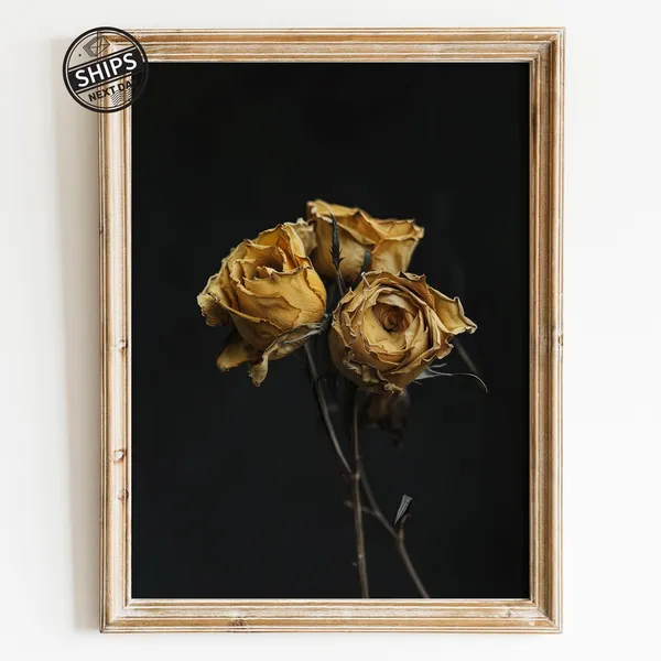 Vintage Moody Yellow Rose Art Print, Botanical