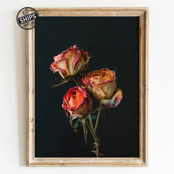 Vintage Moody Coral Rose Botanical Art Print