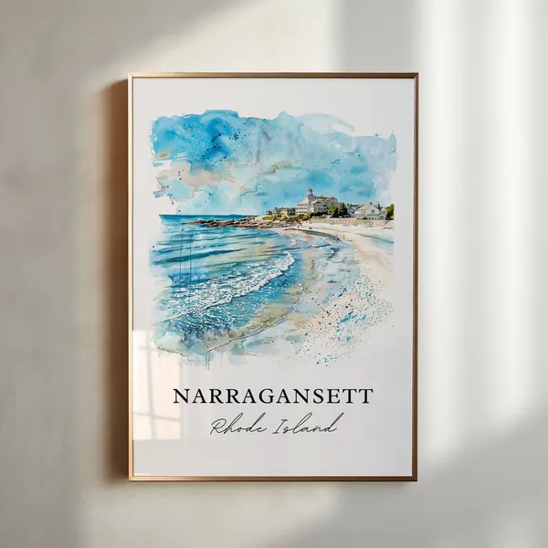 Narragansett RI Watercolor Travel Poster, Rhode Island