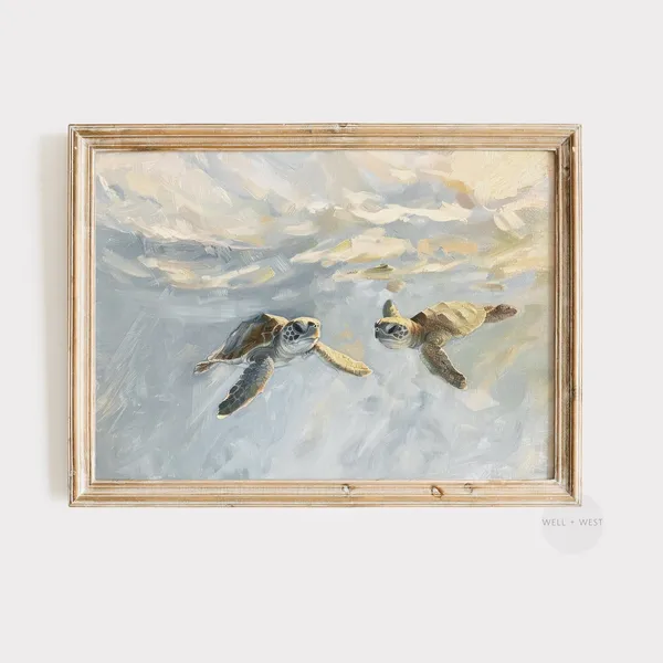 Sea Turtle Print, Vintage Coastal Bathroom Art