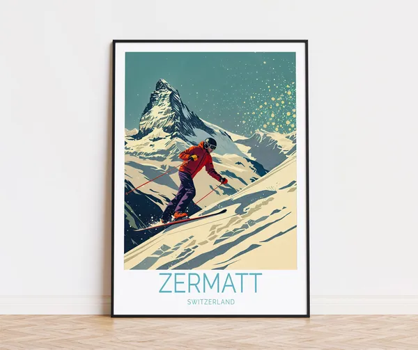 Zermatt Travel Poster, Switzerland Winter Scene