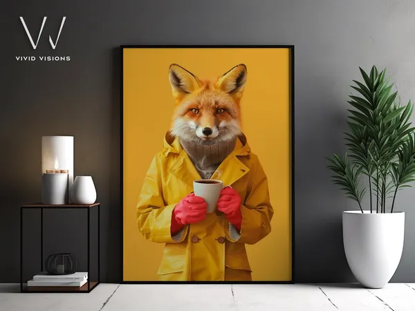 Modern Fox Portrait in Yellow Raincoat, Vintage Poster