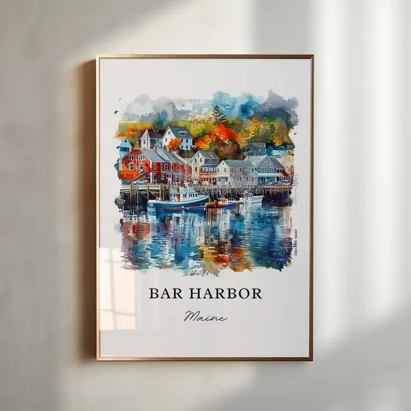 Bar Harbor Maine Watercolor Travel Poster, Housewarming