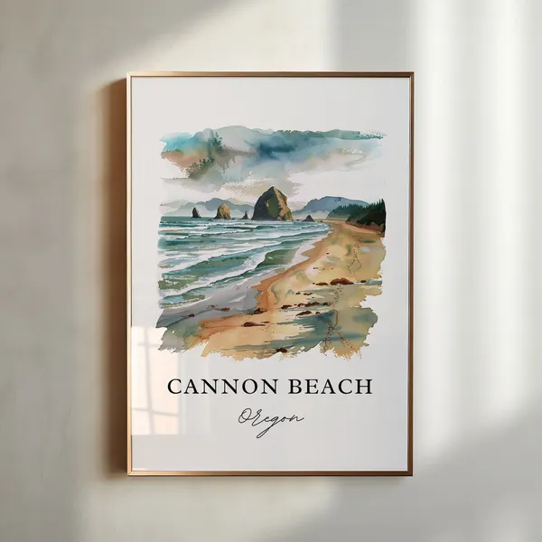 Cannon Beach Watercolor Travel Poster, Haystack Rock