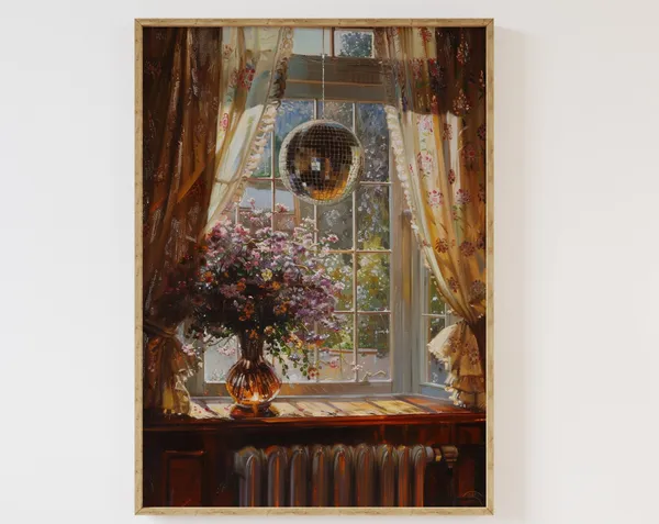 Disco Ball In The Window, Cottagecore Floral Art Print