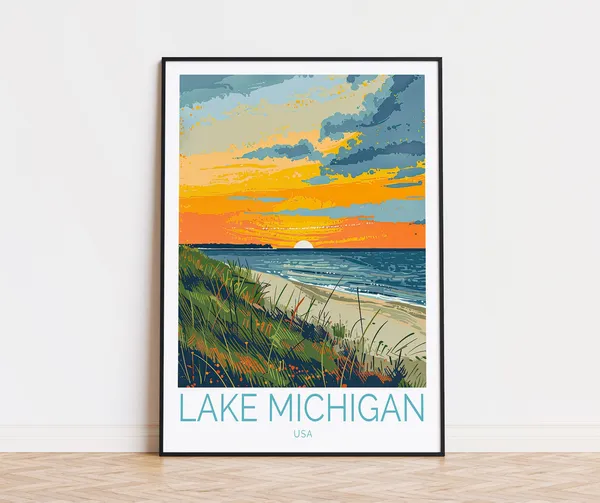 Lake Michigan Sunset Travel Poster, USA Wall Art