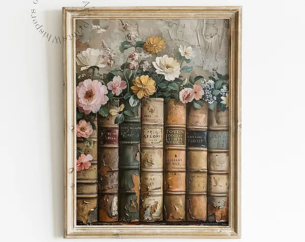 Floral Book Spine Print, Moody Cottagecore Decor