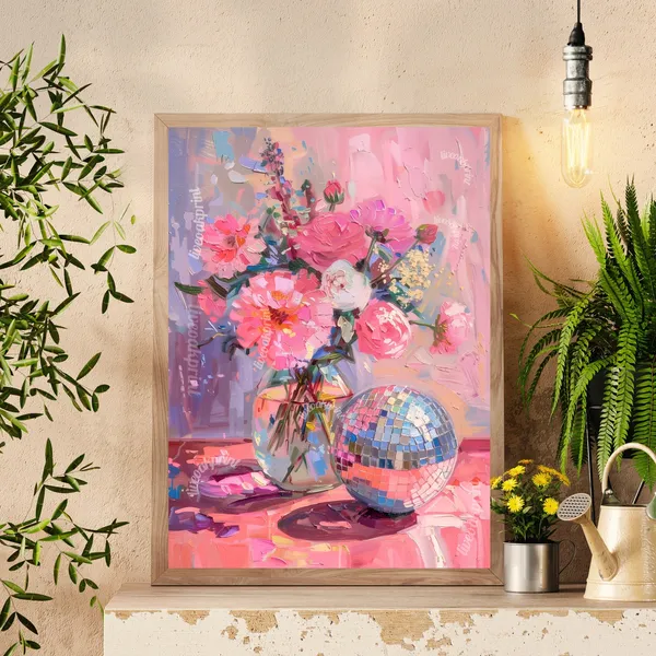 Disco Ball And Flowers Boho Kitchen Art Print