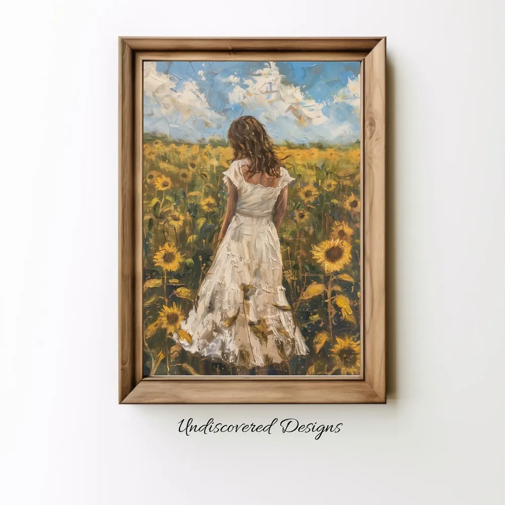 Woman In Sunflower Field Vintage Art Print