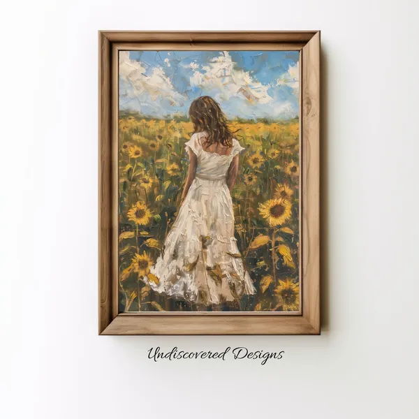 Woman In Sunflower Field Vintage Art Print
