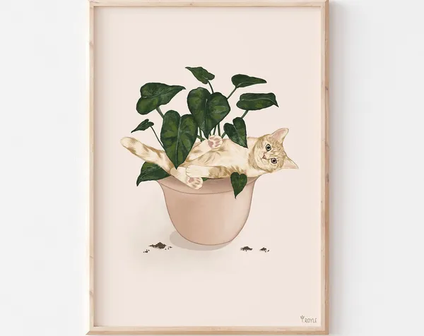 Plant Cat Print, Funny Cat Lover Art Poster