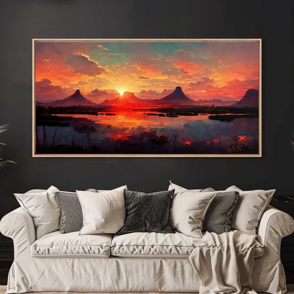 Mountain and Lake Sunset Oil Painting Art Print