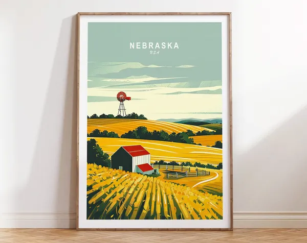 Nebraska USA Travel Poster, Custom Wall Art