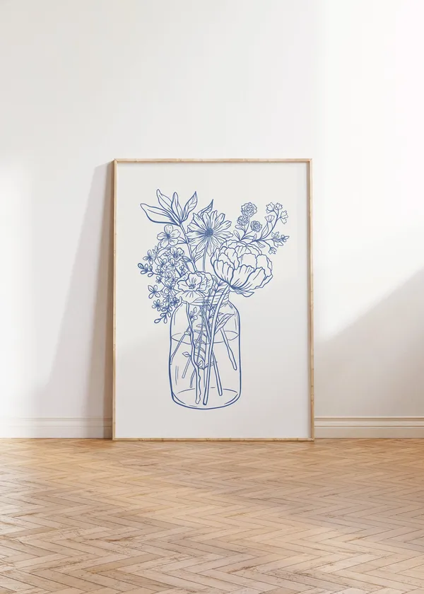 Blue Flower Botanical Print, Bohemian Aesthetic