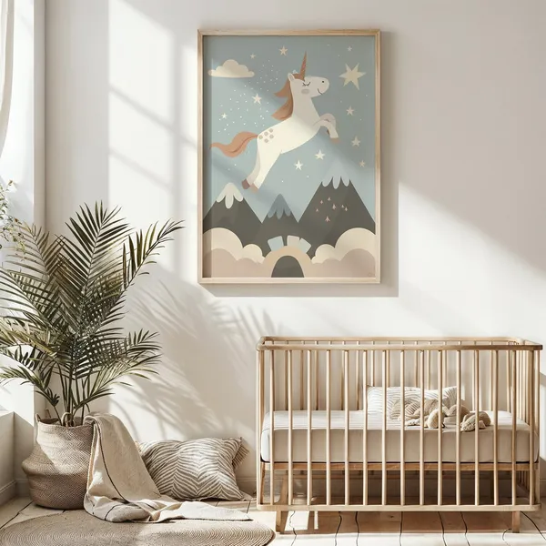 Unicorn Nursery Art Print, Mountain Fantasy Scene