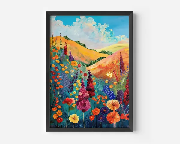 Cheerful Floral Landscape Art Print, Modern Nature
