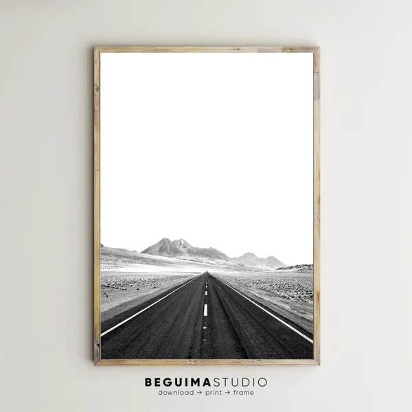Route 66 Desert Road Art Print, Black White