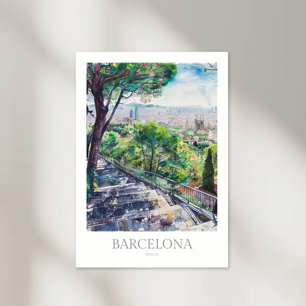 Barcelona Spain Watercolor Travel Poster, Tibidabo