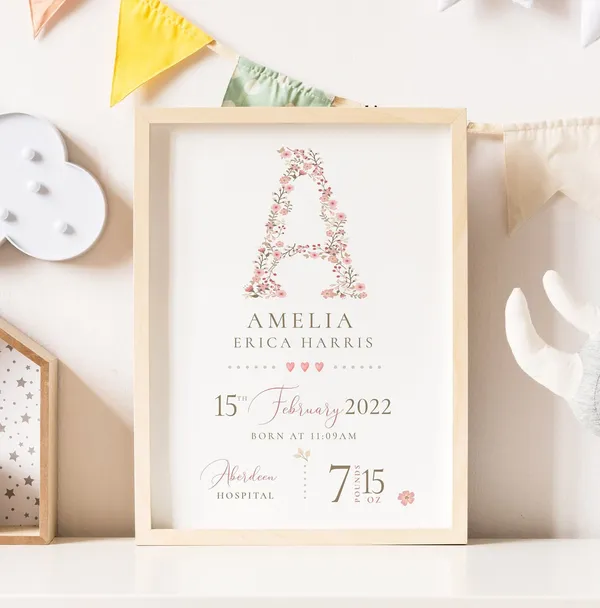 Personalised Baby Girl Birth Details Nursery Print