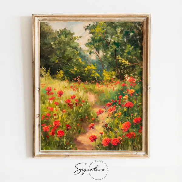 Poppy Field Painting, Rustic Wildflower Landscape