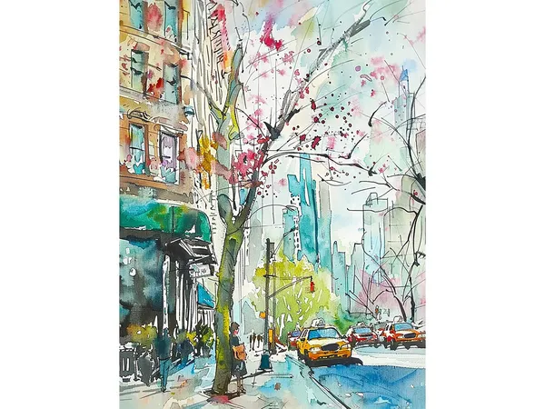 Manhattan Watercolor Art Print, NYC Street Scene