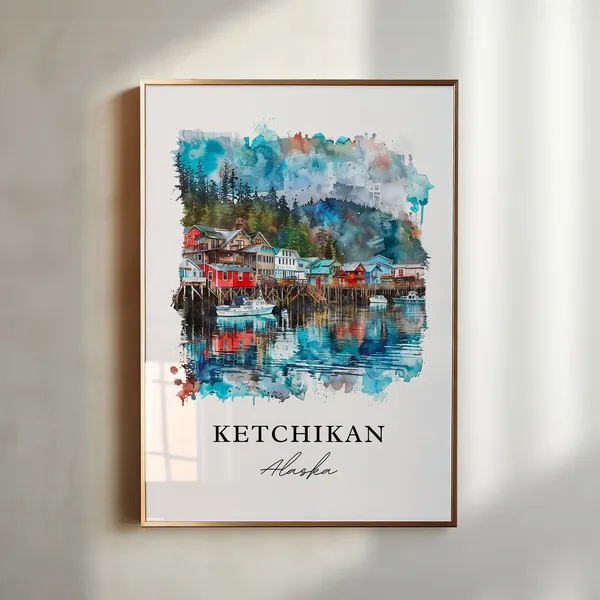 Ketchikan Watercolor Travel Poster, Revillagigedo Island