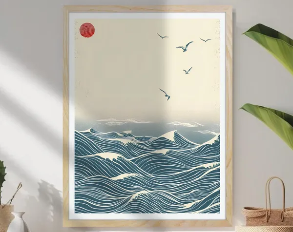 Japanese Wave Painting Woodblock Print, Ocean Waves