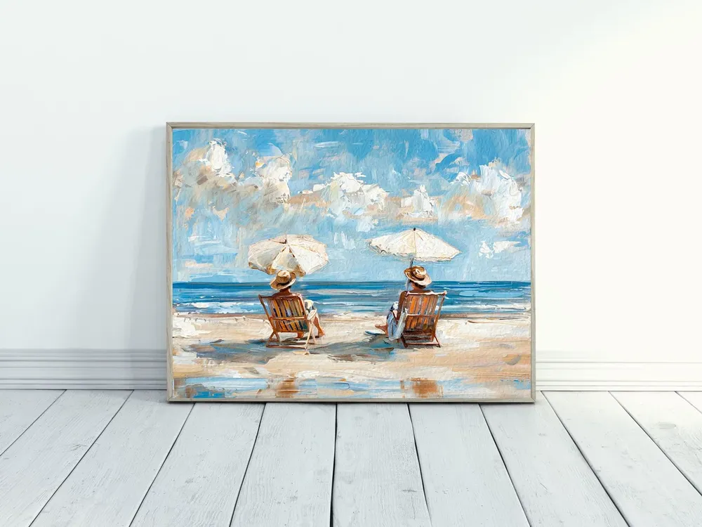 Two Ladies By The Ocean, Vintage Oil Painting Print - Image 2