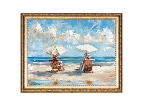 Two Ladies By The Ocean, Vintage Oil Painting Print