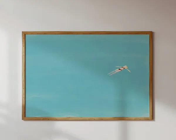 Blonde Girl Floating In Pool, Minimalist Pool House Print