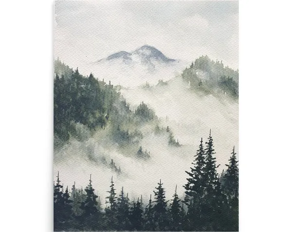 Misty Mountain Pine Forest Oregon Landscape Art Print