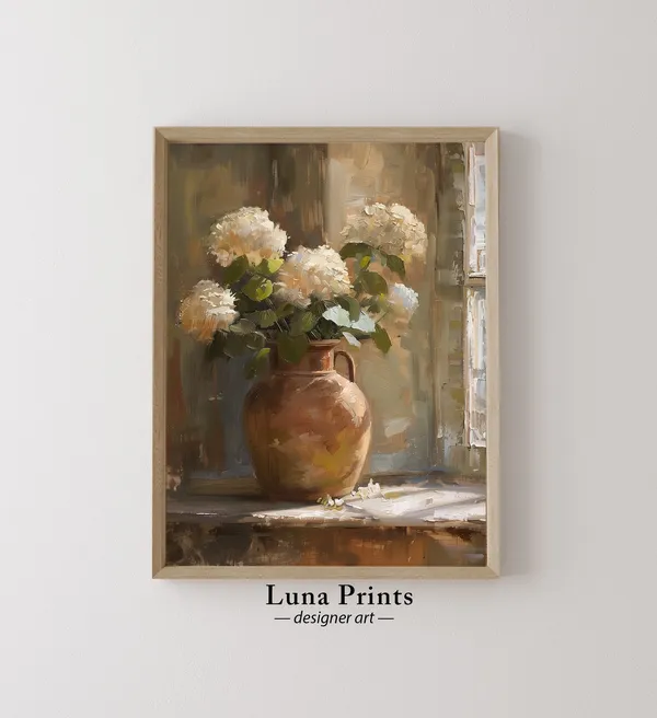Muted Hydrangeas Painting, Toned Floral Art Print