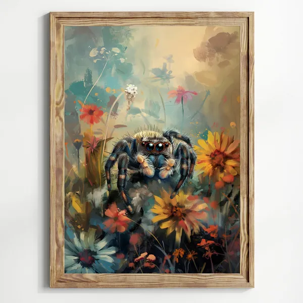Jumping Spider Summer Cottagecore Floral Art Print