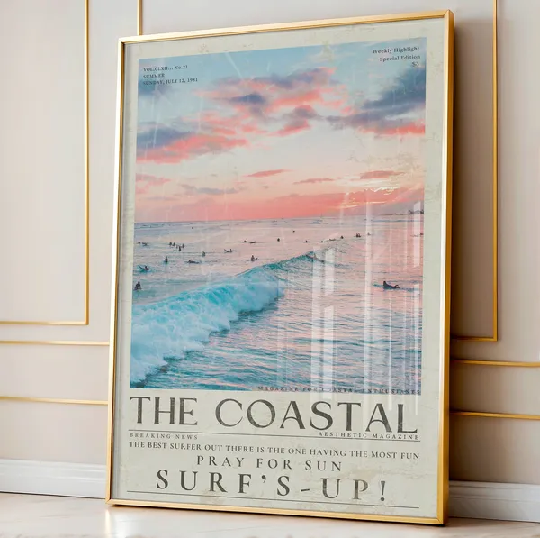 Coastal Surfs Up Vintage Surf Newspaper Poster