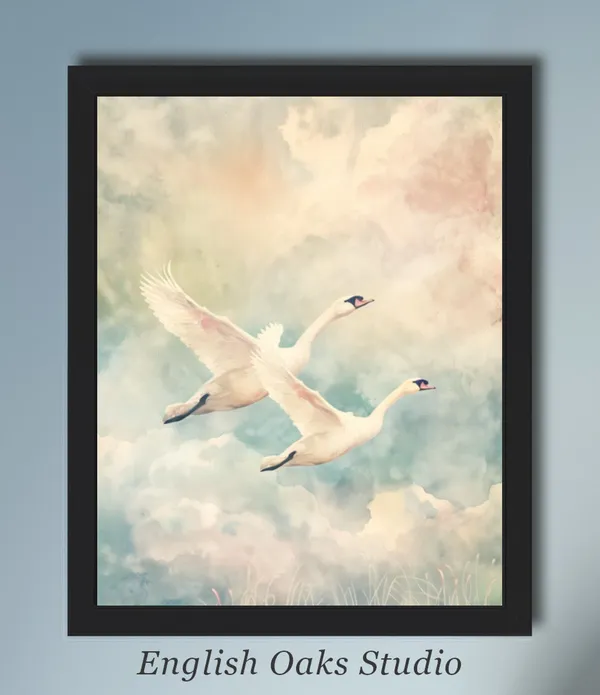 Pair Of Flying Swans, Neutral Bird Wall Art Print