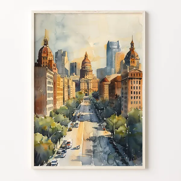 Fort Worth Watercolor Painting, Stockyards Travel Poster