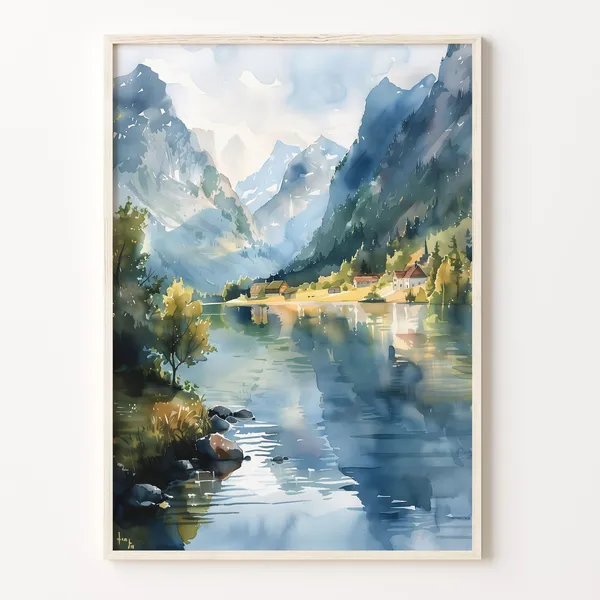 Watercolor Fjords Norway Print, Scandinavian Mountains