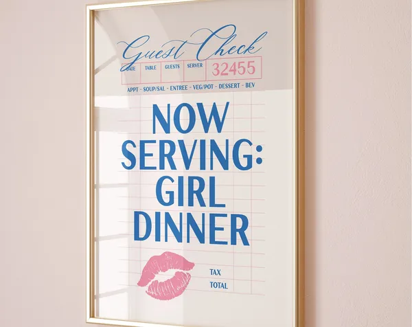 Girl Dinner Funny Kitchen Poster, Coastal Bar Cart Decor