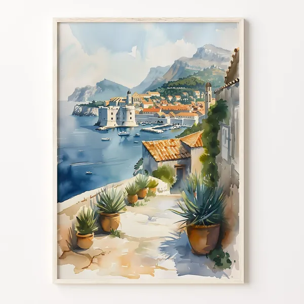 Dubrovnik Watercolor Landscape Art Print, Croatia