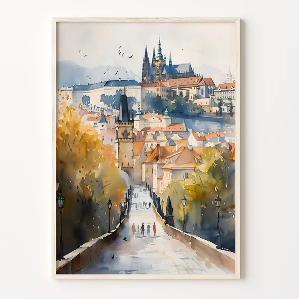 Prague Watercolor Painting Travel Poster, Cityscape Decor