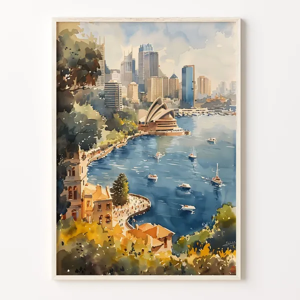 Sydney Watercolor Travel Poster, Traditional City Collection