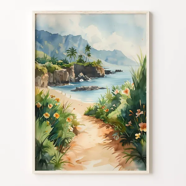 Maui Watercolor Travel Poster, Hawaii Beach Art