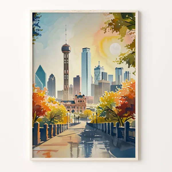Dallas Skyline Watercolor Travel Poster, Texas