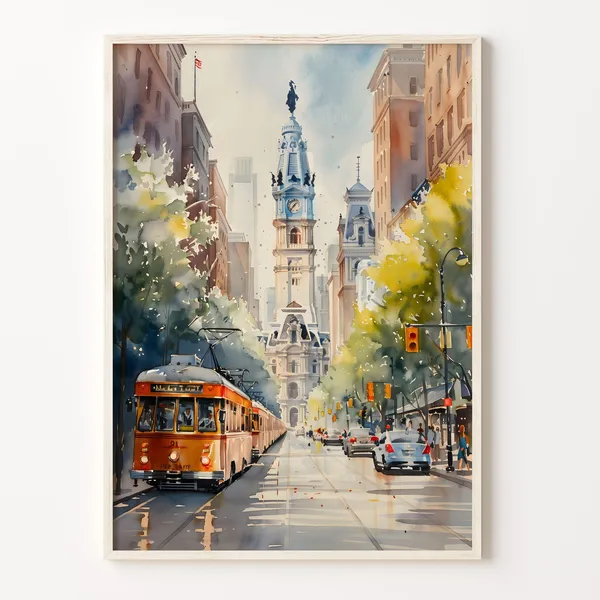 Philadelphia Watercolor Painting Travel Poster, USA