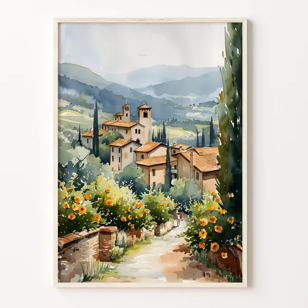 Tuscany Watercolor Travel Poster, Italy Art Print