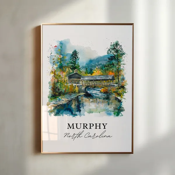 Murphy NC Watercolor Travel Poster, Cherokee County
