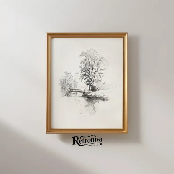 Countryside Bridge Landscape Vintage Sketch Art Print