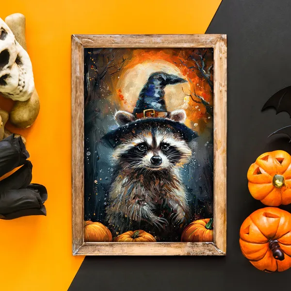 Halloween Witch Hat Raccoon Poster Print