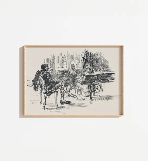 Vintage Piano Figure Drawing, Neutral Wall Art Print