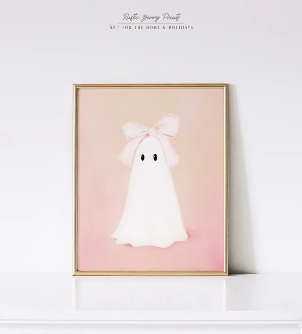 Pink Bow Ghost Art Print, Preppy Halloween Decor